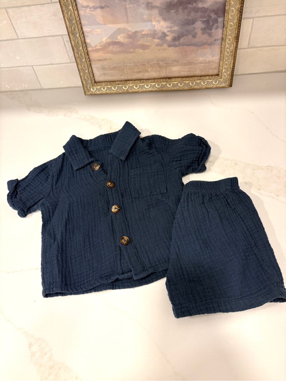 18mo Navy Cotton Gauze Linen Style Set - Short Sleeve Button down Top & Shorts